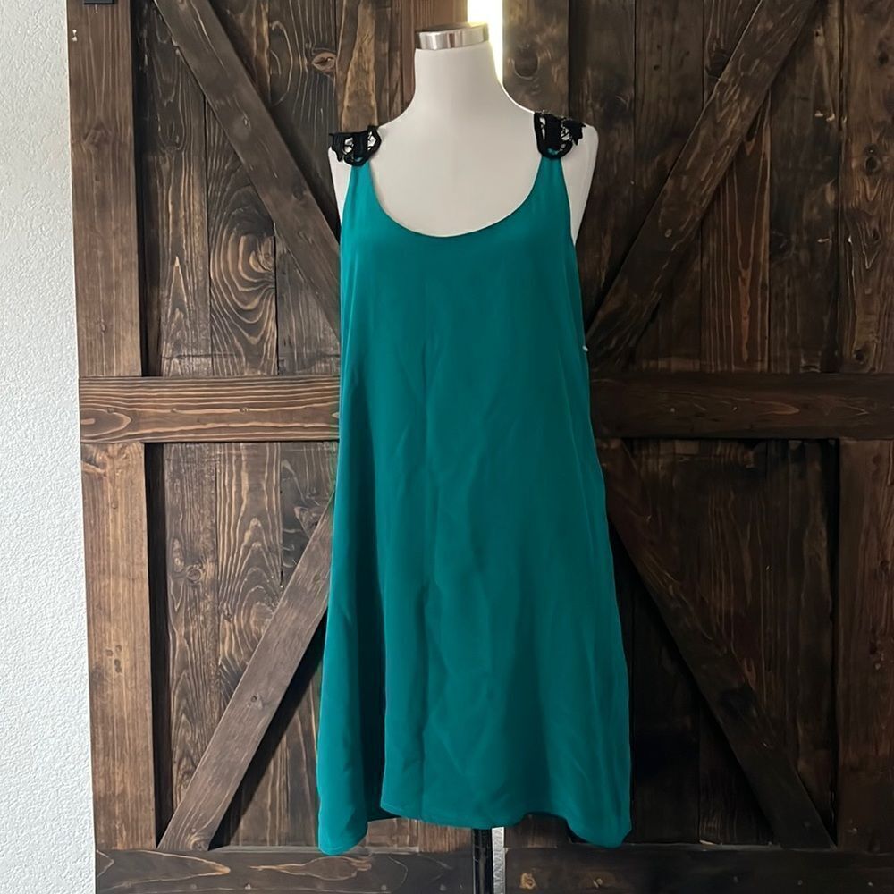 Sugarlips 100% Silk Teal A-Line Mini Dress with Black Lace Details